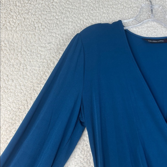 NWOT Colleen Lopez Womens Teal Side Shirred Surplice Faux Wrap Dress Size Medium - Picture 6 of 13